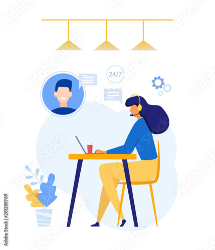 Customer service and operator concept. Vector character woman in flat style with headset consulting a client. Company online technical support