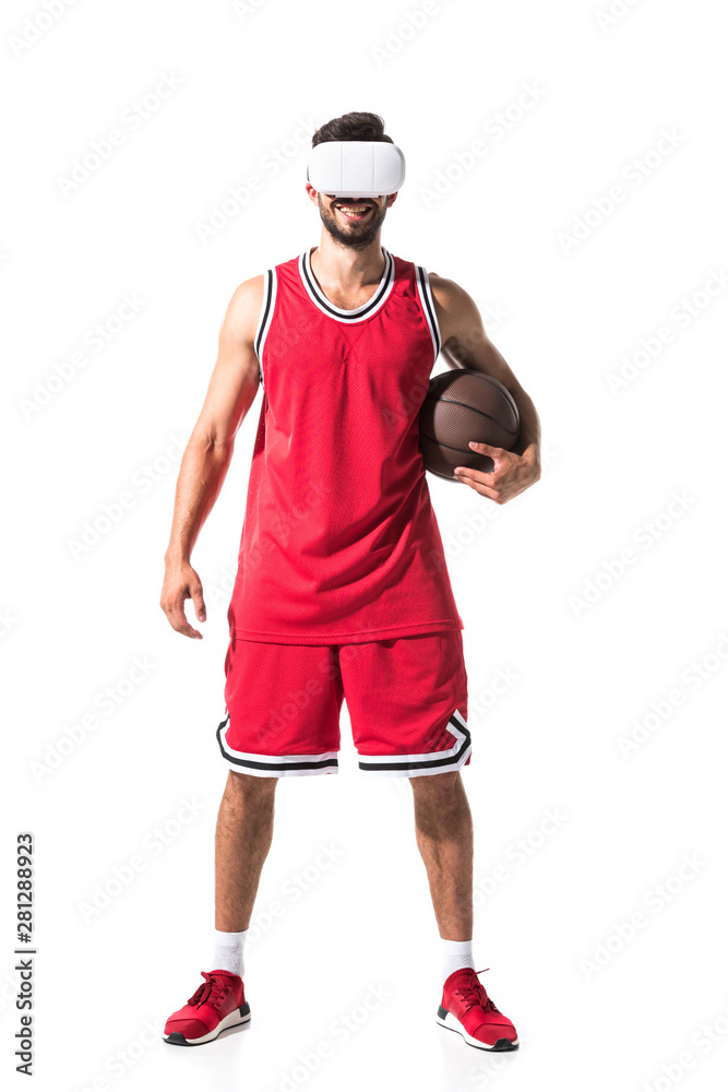 smiling basketball player with ball in virtual reality headset Isolated On White smiling basketball player with ball in virtual reality headset Isolated On White