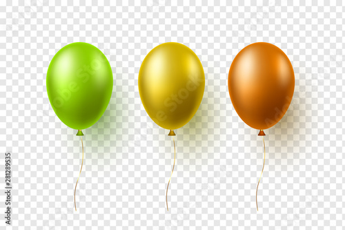 Set of vector glossy balloons in yellow, brown and green colors. 3d realistic decorative elements for holiday design. Isolated on transparent background.