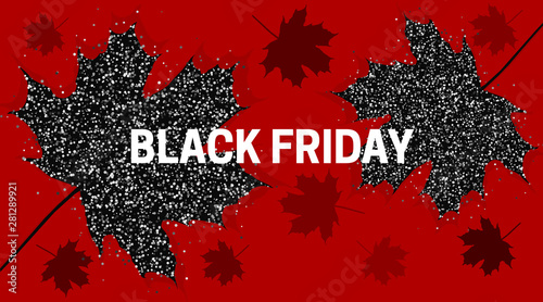 Black friday sale. Dark background with autumn leaves strewn with bright glitter scattering of particles. Sale banner, web poster, discount coupon flyer. Vector illustration.