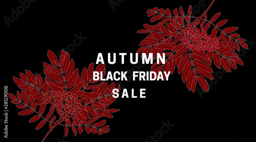 Black friday sale. Dark background with autumn leaves strewn with bright glitter scattering of particles. Sale banner, web poster, discount coupon flyer. Vector illustration.