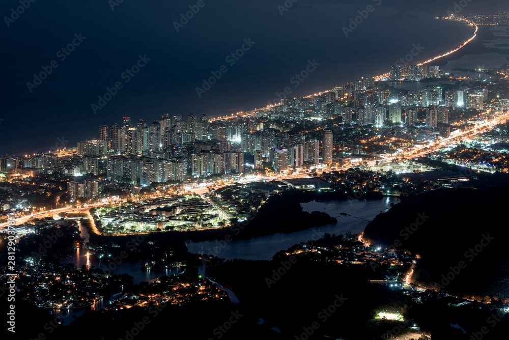 Aerial Night View of Barra da Tijuca Neigborhood in Rio de Janeiro, Brazil