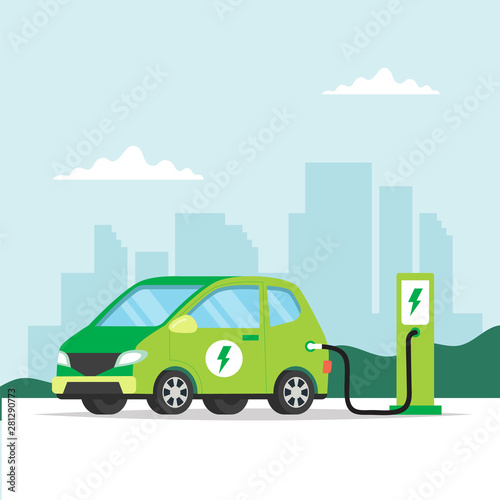 Fototapeta Naklejka Na Ścianę i Meble -  Electric car charging on city background. Concept illustration for environment, ecology, sustainability, clean air, future. Vector illustration in flat style.