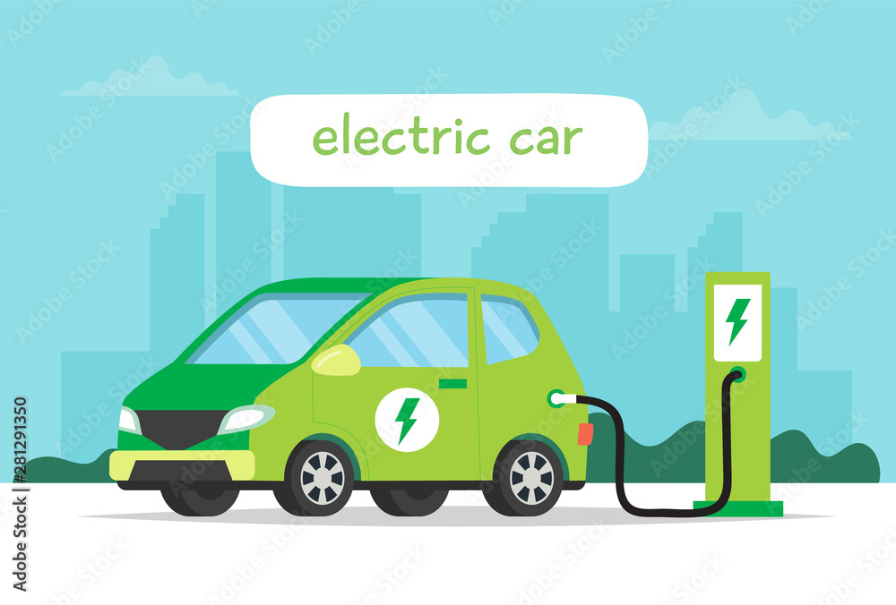Electric car charging on city background and lettering. Concept illustration for environment, ecology, sustainability, clean air, future. Vector illustration in flat style.
