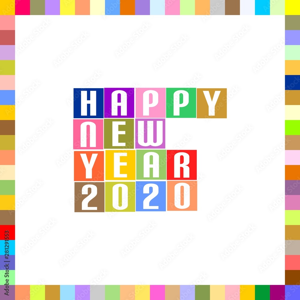 New Year Greetings for 2020 with white lettering Happy New Year 2020 in colorful squares with a frame around the color pixels on a white background New Year Greetings for 2020 with white lettering Happy New Year 2020 in colorful squares with a frame around the color pixels on a white background