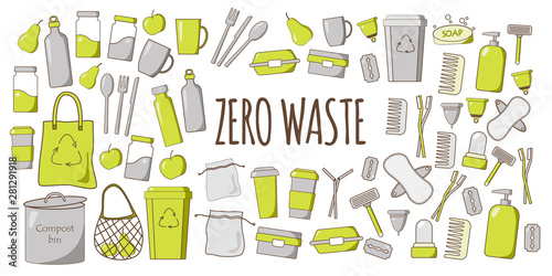 Zero waste vector illustration. Collection of various reusable and durable zero waste elements - shopping bag, net, compost bin, thermo bottle, glass jar, menstrual cup etc