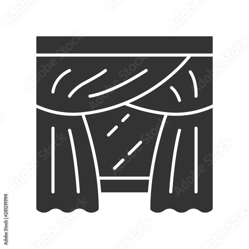 Priscilla curtains glyph icon. Panel pair with attached valance hanging on curtain rod. Kitchen, bedroom drapes. Home interior decor. Silhouette symbol. Negative space. Vector isolated illustration