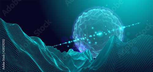 Abstract sphere. Wireframe landscape background. Futuristic vector illustration.
