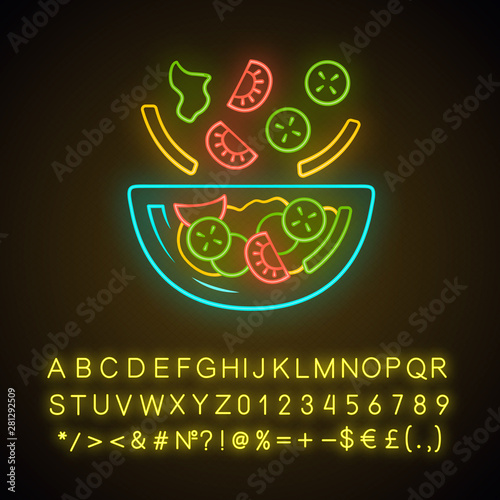 Salad bowl neon light icon. Fresh organic food. Vegan eating, vegetables. Healthy nutrition. Tomato, cucumber. Glowing sign with alphabet, numbers and symbols. Vector isolated illustration