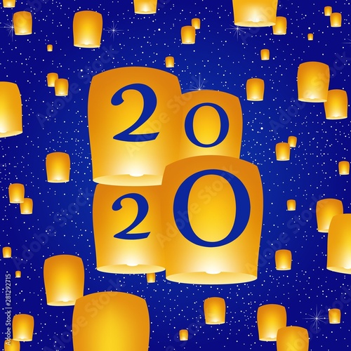New year greetings for year 2020 with bright blue sky with glowing stars with yellow lights and flying chinese lucky lanterns with clematis on around on a blue background