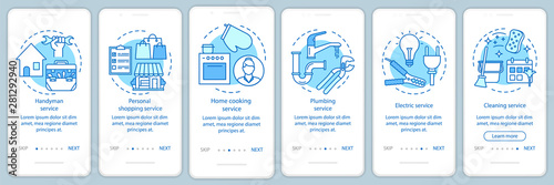 Home services onboarding mobile app page screen with linear concepts. Handyman service. Six walkthrough steps graphic instructions. Cleaning service. UX, UI, GUI vector template with illustrations