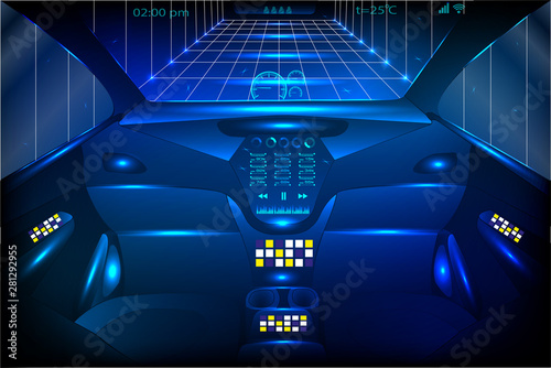 Vehicle cockpit front view and wireless communication network, autonomous car. Autonomous Smart car interior. The display shows information.  Futuristic user interface. HUD UI