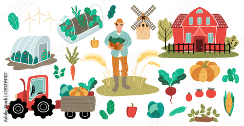 Farmer man with harvest. Farm red house with greenhouse and vegetable garden. Tractor with trailer and crop. Vector illustration, cartoon flat style. Funky people