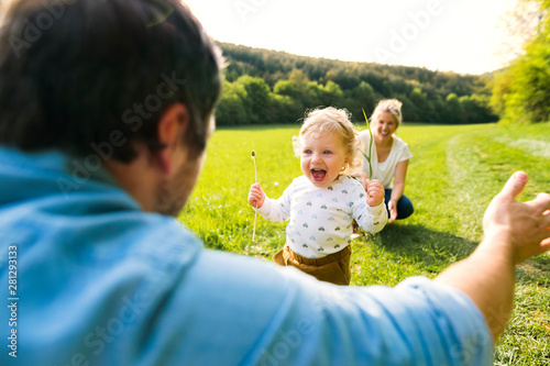 Cute little boy on meadow with parents running towards father photo