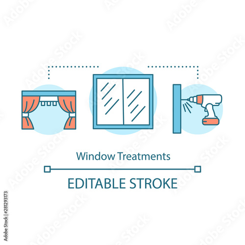 Window treatments concept icon. Home service. Repair, maintenance and decoration of windows. Drapery installation idea thin line illustration. Vector isolated outline drawing. Editable stroke