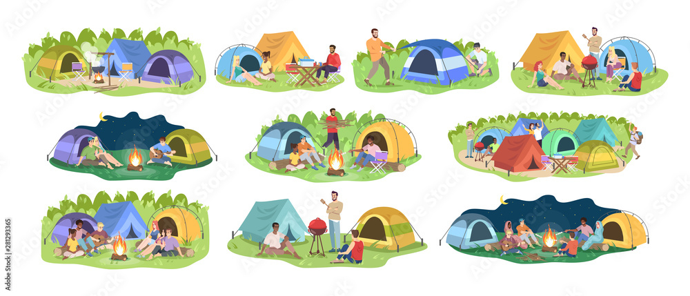 Plakat Camping festival flat vector illustrations set. Happy men and women, young campers cartoon characters. Outdoor picnic, seasonal nature recreation. Summer forest rest isolated on white background
