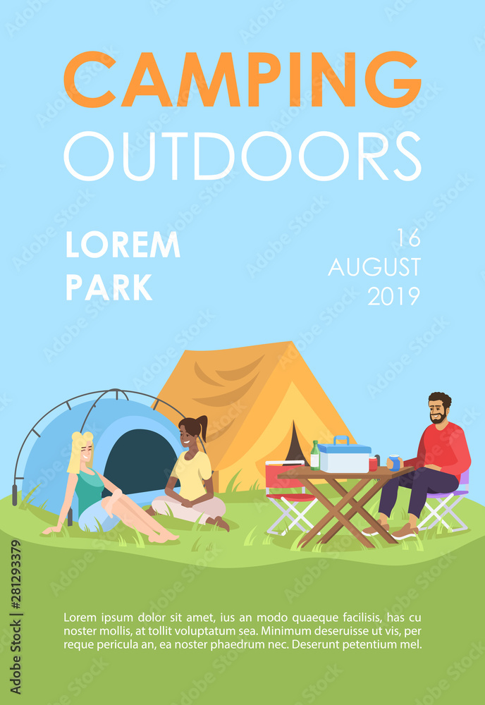 Obraz premium Camping outdoors brochure template. Summer rest flyer, booklet, leaflet concept with flat illustrations. Vector page layout for magazine. Outdoor picnic advertising invitation with text space