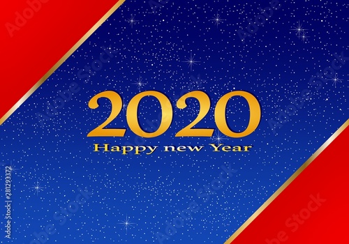 New year greetings for year 2019 with bright blue background with glowing stars and red triangles in corners with a gold ribbon with yellow lights with number
