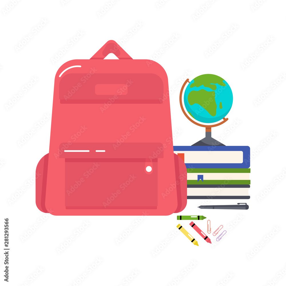 Vector colorful illustration of a school backpack, books, globe, crayons, pen and paper clips on a white background. Bright design for web.