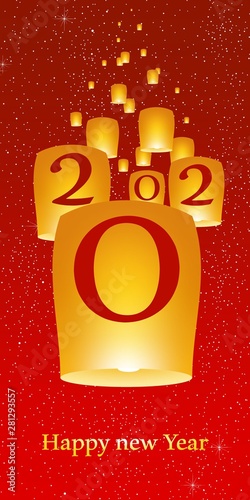 New year greetings for year 2020 with bright red background with glowing stars with yellow lights and flying chinese lucky lanterns with clematis with number