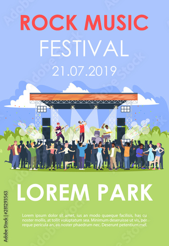 Rock music festival brochure template. Summer outdoor performance flyer, booklet, leaflet concept with flat illustrations. Vector page layout for magazine. advertising invitation with text space