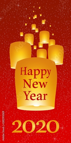 New year greetings for year 2020 with bright red background with glowing stars with yellow lights and flying chinese lucky lanterns with clematis with number