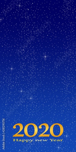 New year greetings for year 2020 with bright blue background with glowing stars with yellow lights with number