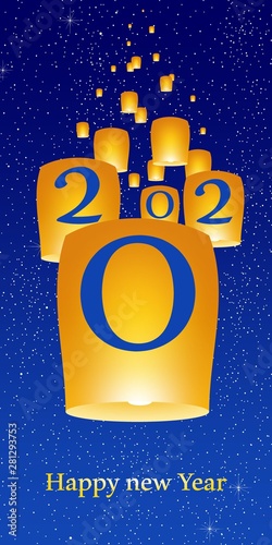 New year greetings for year 2020 with bright blue background with glowing stars with yellow lights and flying chinese lucky lanterns with clematis with number