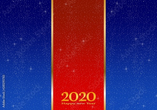 New year greetings for year 2020 with bright blue background, gold ribbon and red strip with glowing stars with yellow lights with number