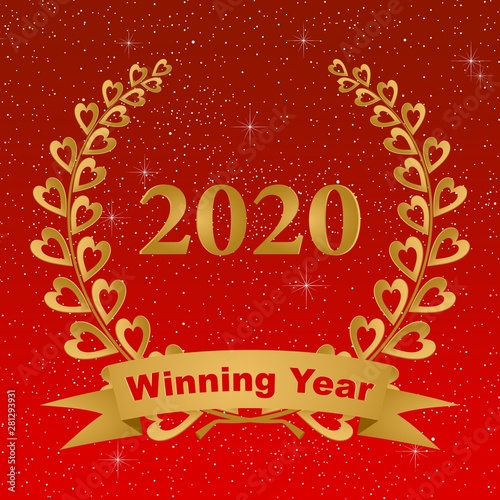 New year greeting card with gold laurel wreath composed of two branches with colorful hearts and stems with a gold ribbon for the 2020 year on a red background with stars