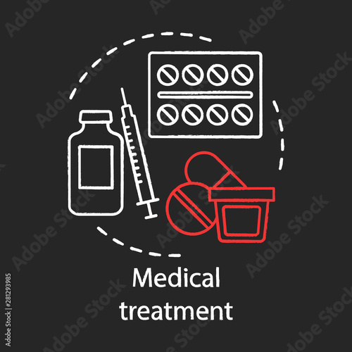 Medical treatment concept chalk icon. Medications idea. Aid to sick. Pills, syrupe, injections. Medicine prescription. Therapy. Vector isolated chalkboard illustration