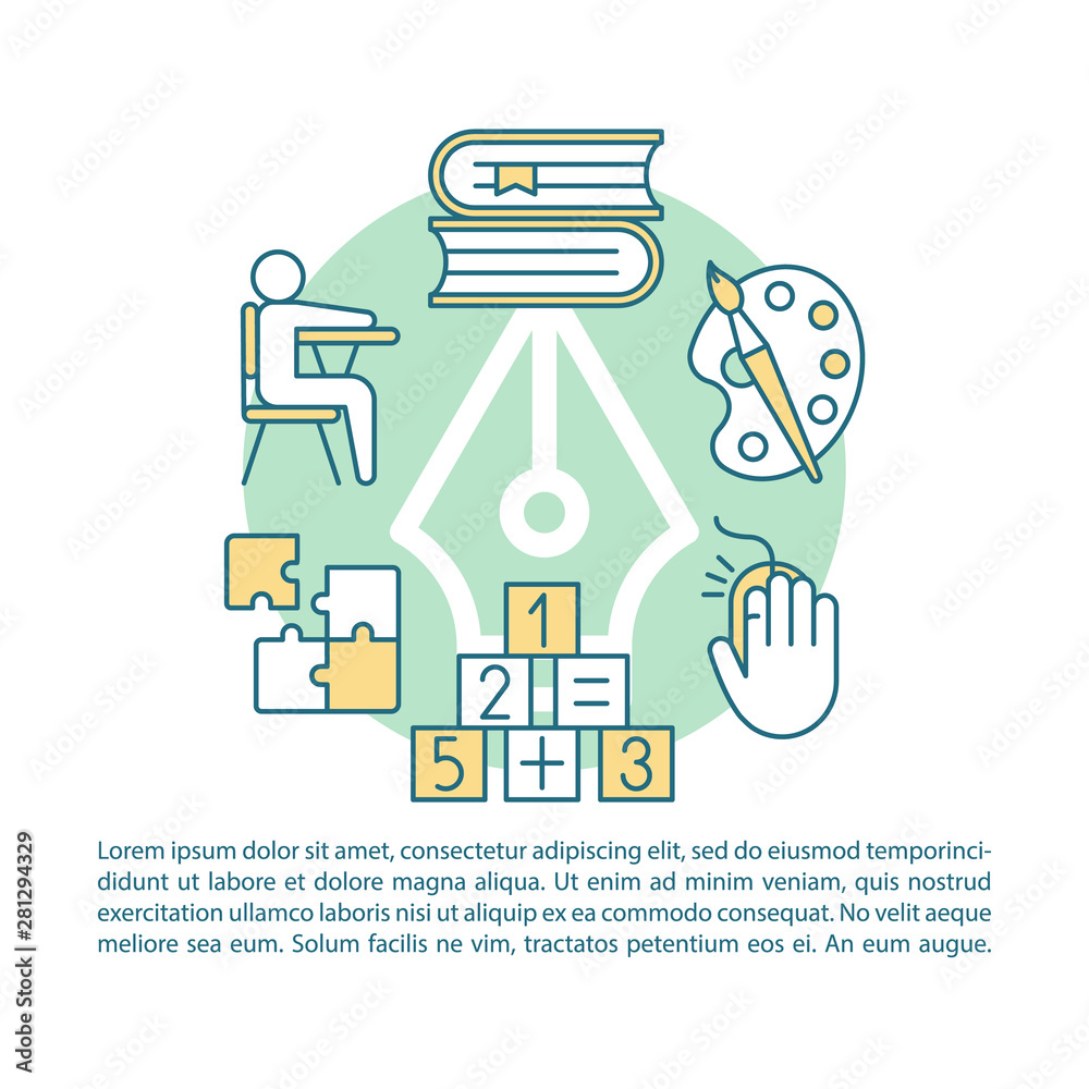 After school program article page vector template. Children entertainment and education. Brochure, magazine, booklet design element with linear icons and text. Print design. Concept illustrations After school program article page vector template. Children entertainment and education. Brochure, magazine, booklet design element with linear icons and text. Print design. Concept illustrations