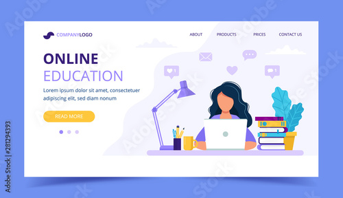 Online education landing page with a girl studying with computer. Vector illustration in flat style