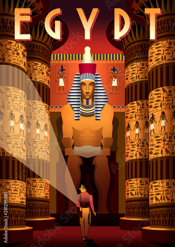 The archaeologist in Pharaoh's tomb with columns and statue in the background. Egypt travel vintage poster. Handmade drawing vector illustration.