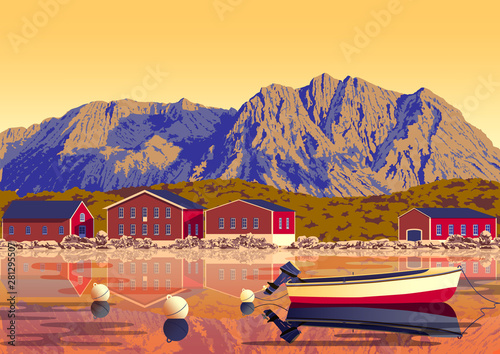 Summer countryside with traditional houses, sea, boat and mountains in the background. Handmade drawing vector illustration. Retro style poster. All objects are grouped into different layers.