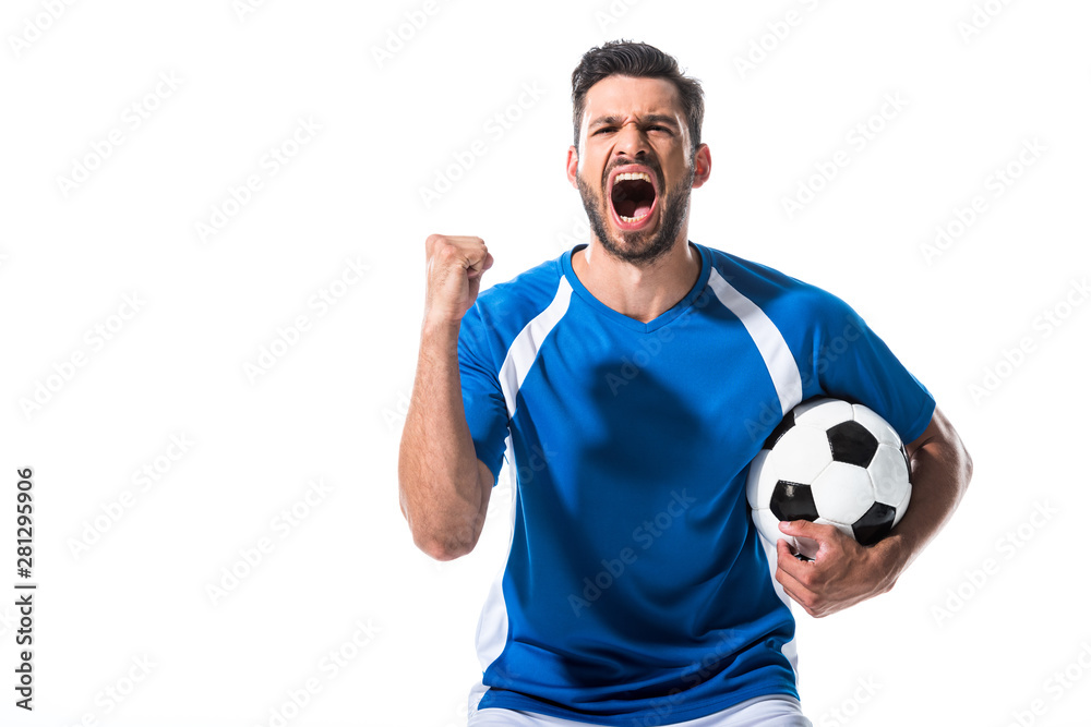 excited soccer player with ball and clenched hand yelling Isolated On White  Stock Photo