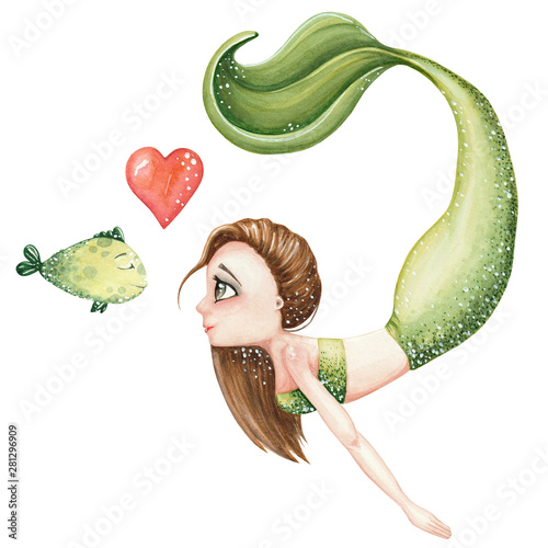 watercolor illustration with green mermaid and cute fish isolated on white
