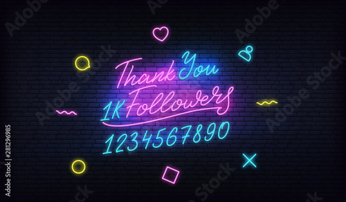 Followers Thank You neon.Social media template followers milestone. Congratulation card with numbers