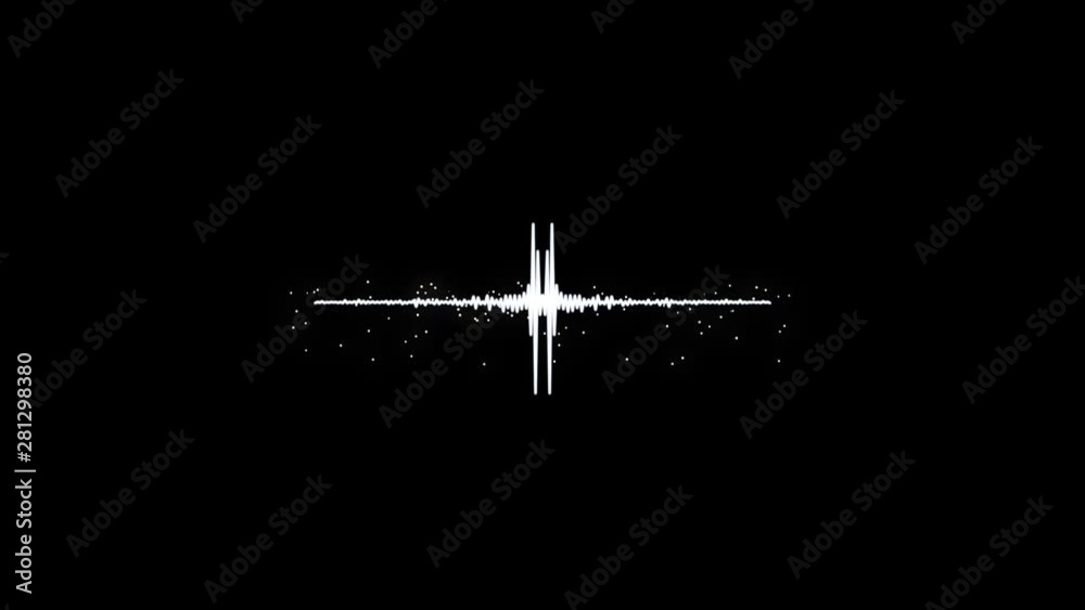 Monochrome voice record, artificial intelligence, waveform equalizer and visualization of audio wave. Animation. White pulsating signal on black background.