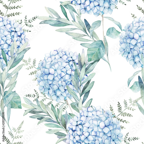 Watercolor seamless pattern. Vintage print with hortensia flowers and eucalyp...