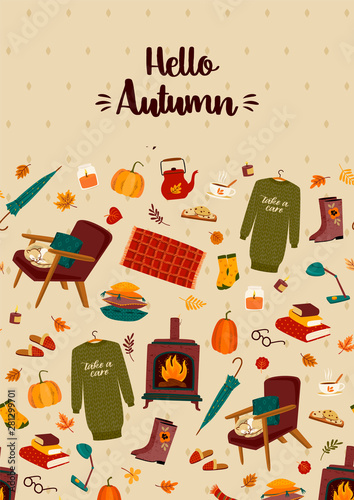 Autumn illustration with homely cute things. Vector design