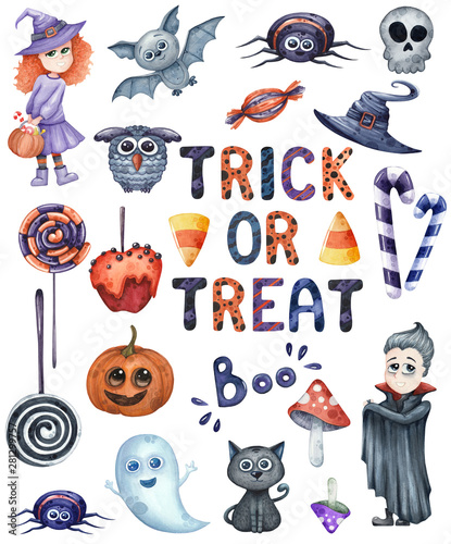 Smiling and funny Halloween watercolor illustrations set for party isolated