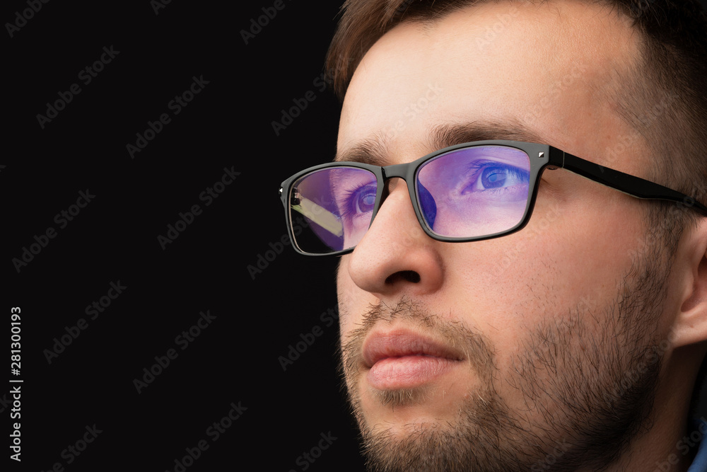 Young man looking with futuristic smart high tech glasses Young man looking with futuristic smart high tech glasses