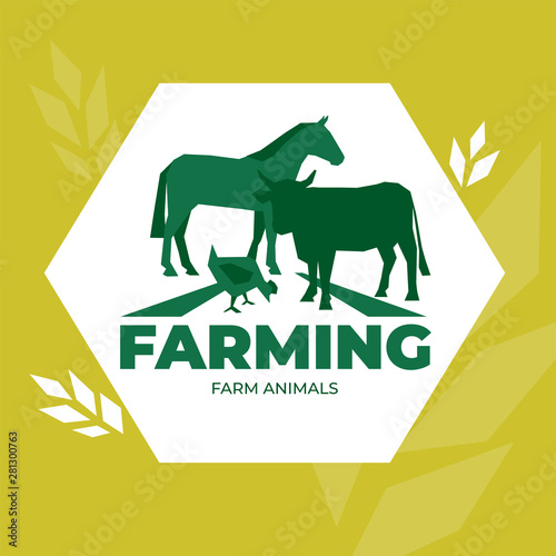 Vector illustration of farm animals. Logo for livestock company,ranching. Symbol with cow,horse and chicken on the field. Label for Bio products, farmers fair,market. Design element for brand identity