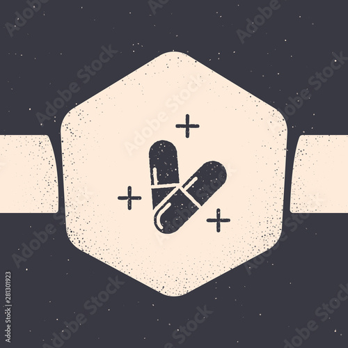 Grunge Medicine pill or tablet icon isolated on grey background. Capsule pill and drug sign. Pharmacy design. Monochrome vintage drawing. Vector Illustration