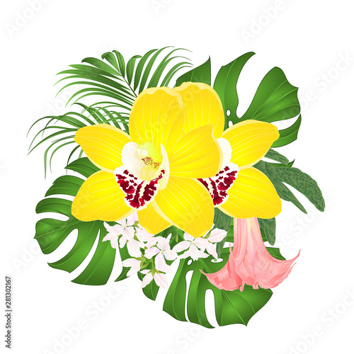Bouquet with tropical flowers floral arrangement, with beautiful yellow orchids cymbidium, palm,philodendron and Brugmansia vintage vector illustration editable hand draw
