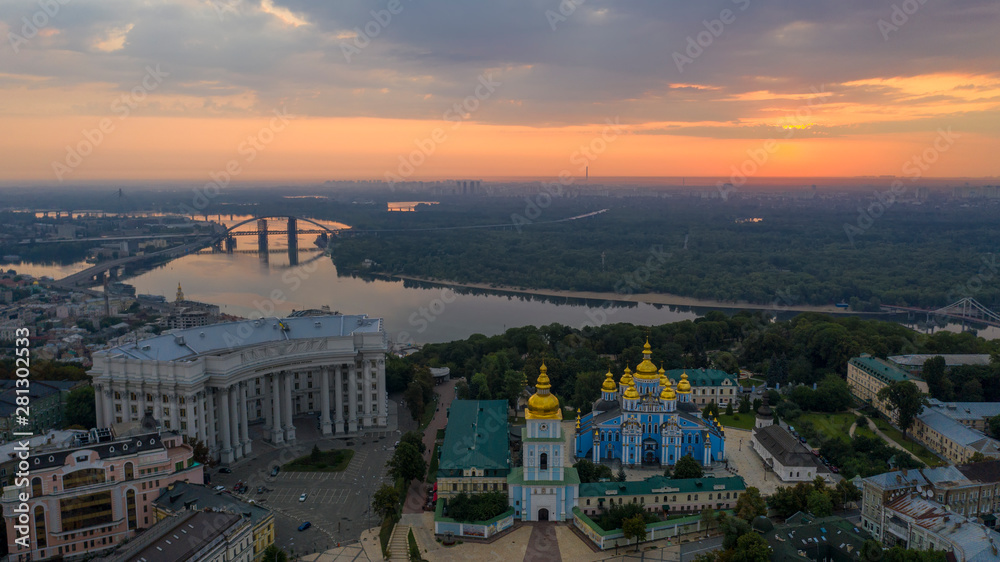 Beautiful Golden Kiev Ukraine St. Michael's Golden-Domed Monastery. View from above. aerial video footage. Landscape city view to Dnipro