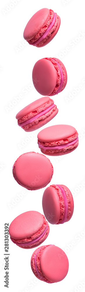 Set of pink french macarons cakes isolated on white background. Flying dessert Set of pink french macarons cakes isolated on white background. Flying dessert
