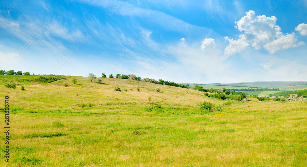 Landscape with hilly field and blue sky. Wide photo.