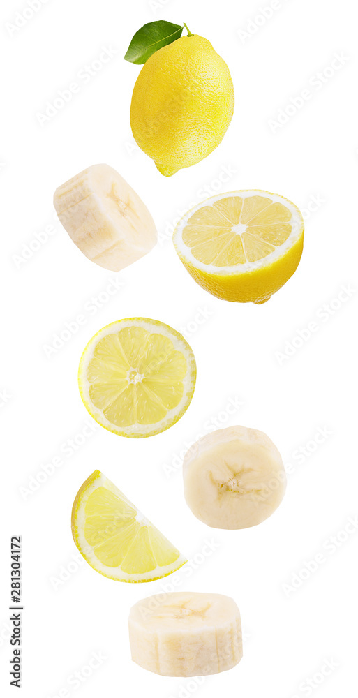 floating isolated on white background lemon fruits and bananas